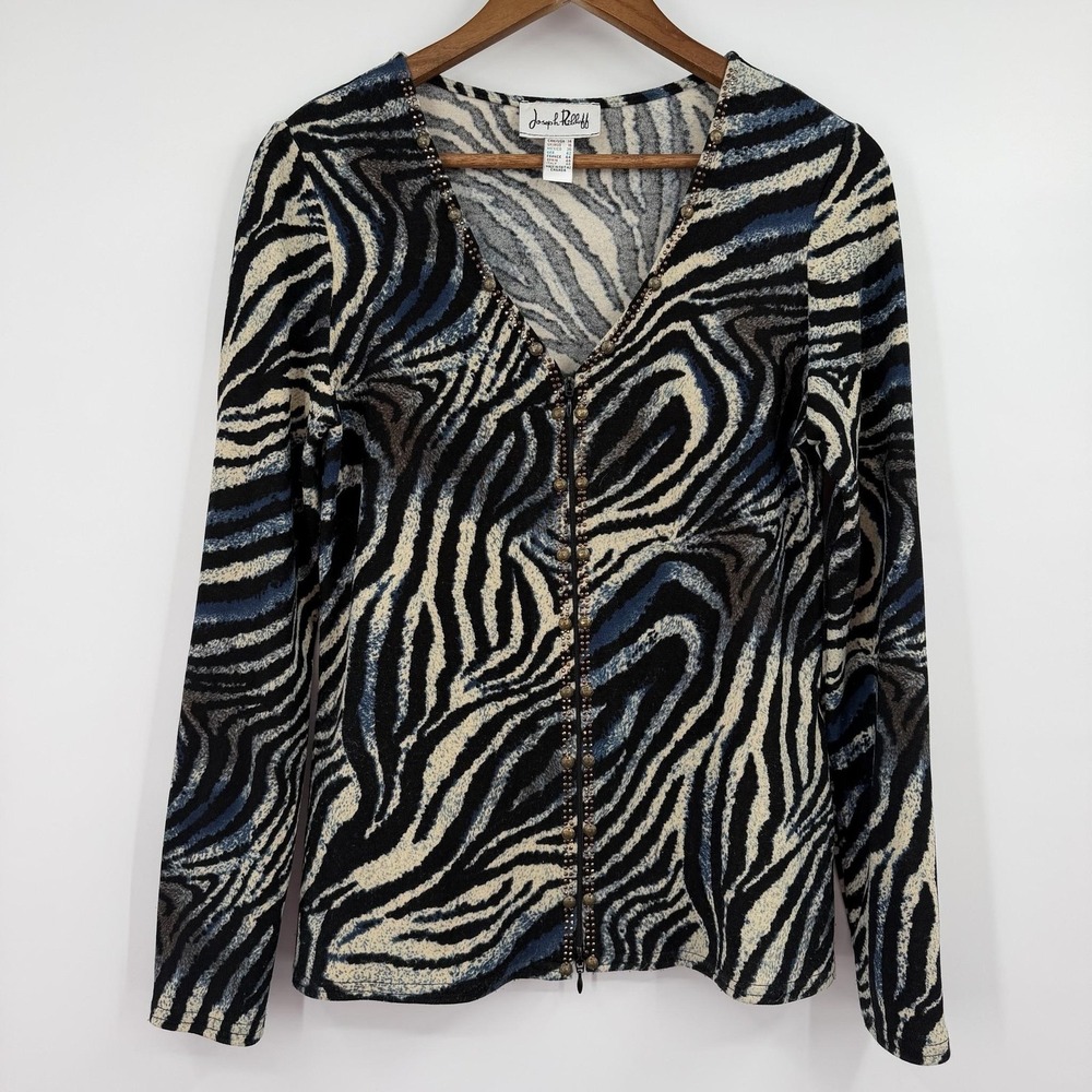 Joseph Ribkoff Sweater Womens 14 Black Animal Print Full Zip V-Neck studded